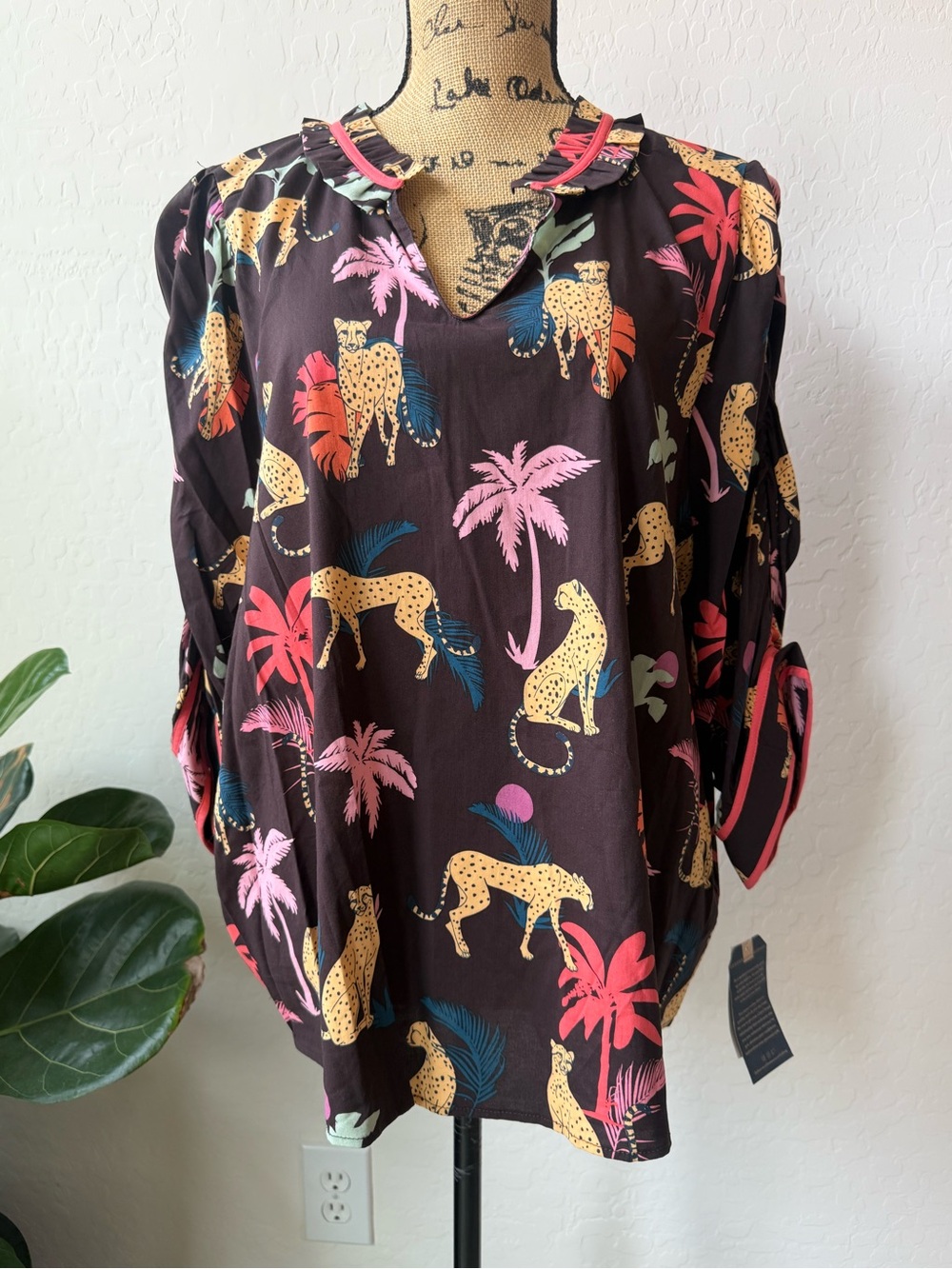 Democracy Black Tropical Leopard Print Blouse with Pink & Teal Accents